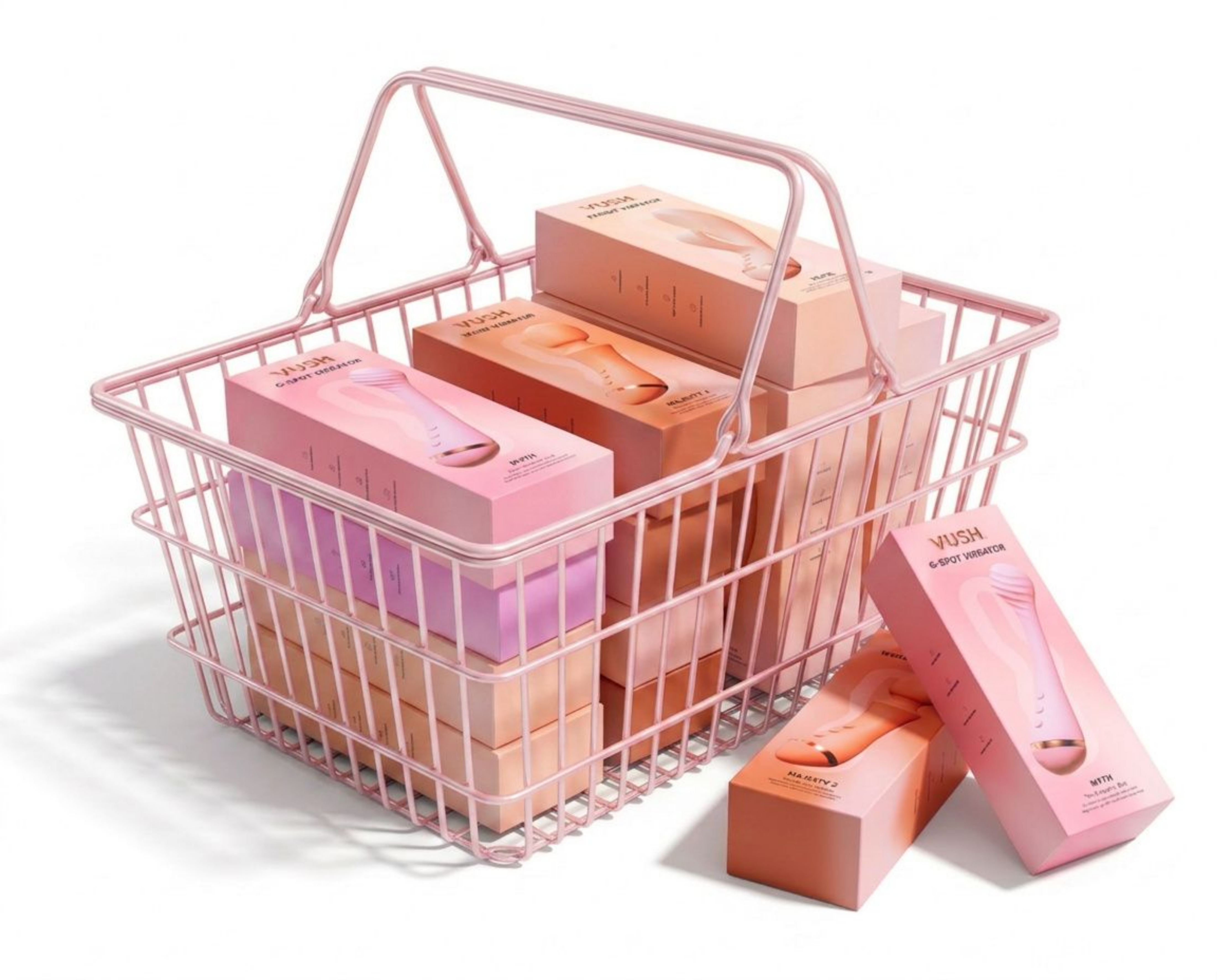 A pink basket stacked with boxed VUSH products