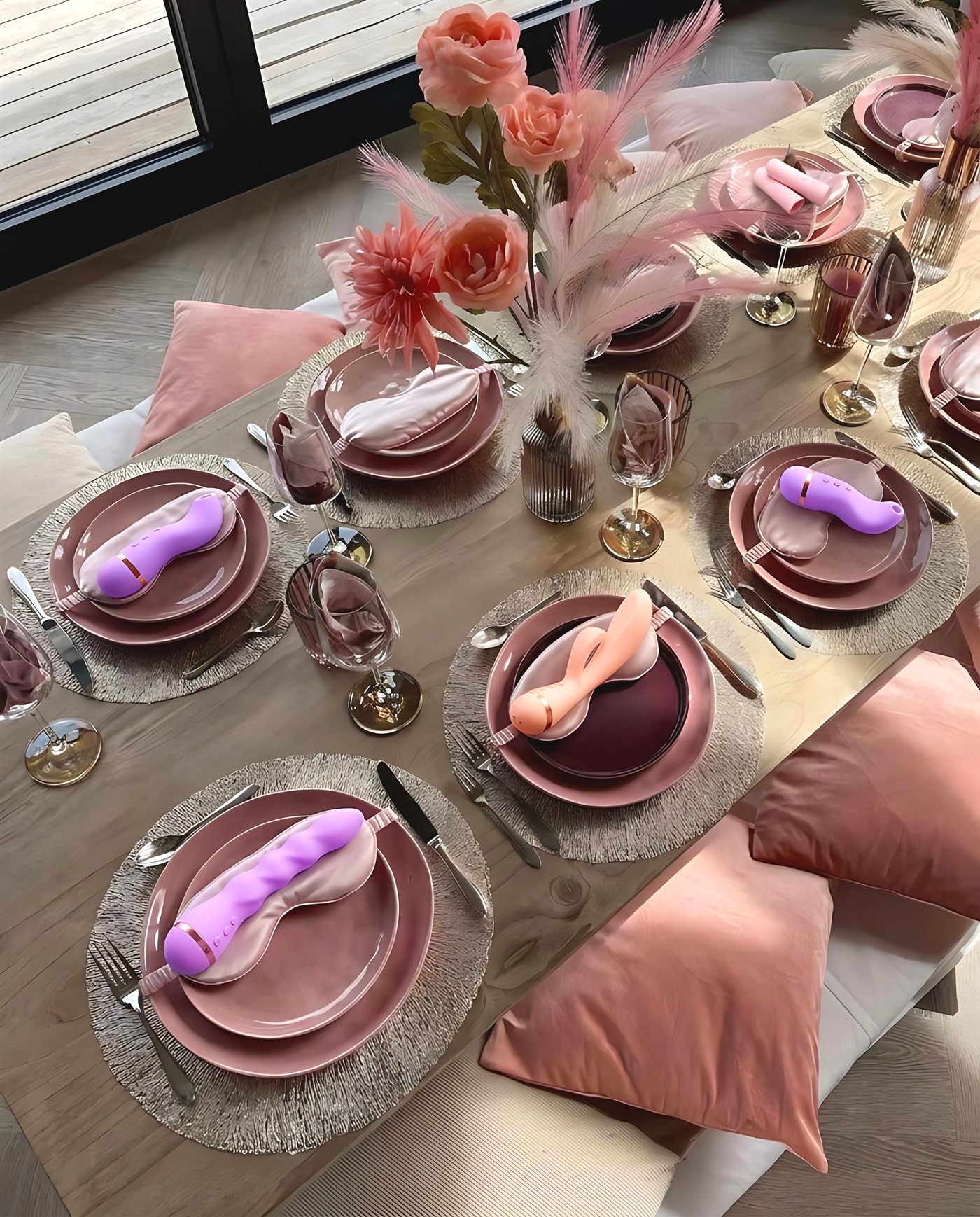 A bachelorette table set with blush plates, fresh flowers and a VUSH piece at every place setting